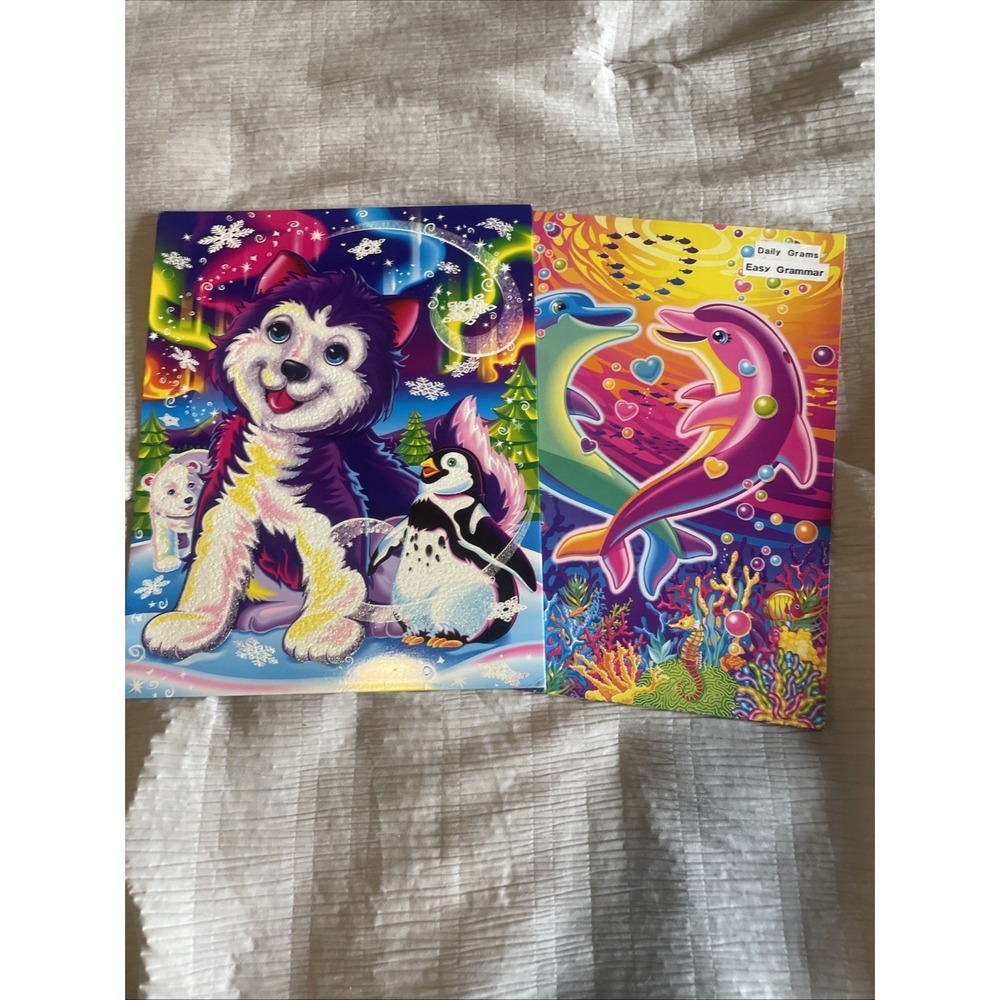 2 Lisa Frank Binder Folders Glitter Husky & Dolphins Playing Y2K